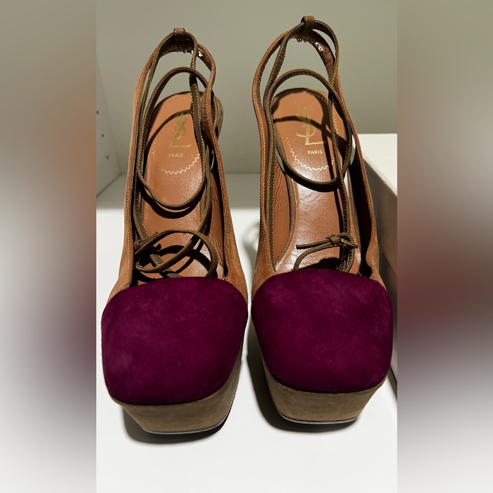 YSL Obsession 105 A-Strap Suede Platform Heels
Size 8